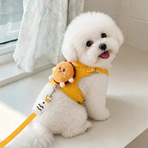 Cute cartoon plush hamburger dog harness and leash set with yellow vest for small dogs