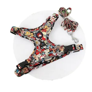 Professional floral print pet harness and matching leash set for small dogs and cats