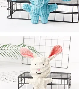 Detail of corduroy plush pet toy showing soft textured fabric and animal design