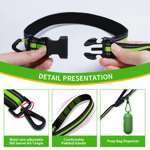 Details of reflective waist dog leash showing buckle, 360 swivel and padded handle