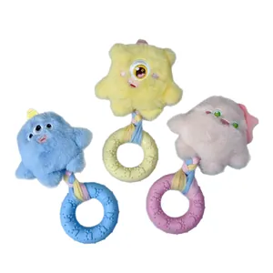 Set of three colorful monster plush dog squeaky toys with rubber teether rings.