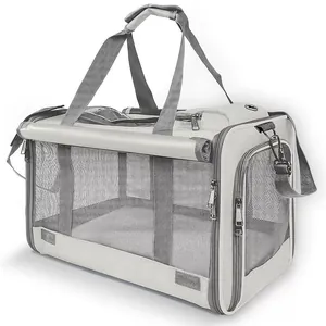 Portable breathable folding pet carrier bag with mesh windows and shoulder strap for cats