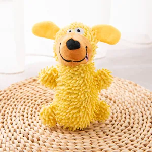 Cute bright yellow squeaky scruffy puppy plush toy for small and medium dog play