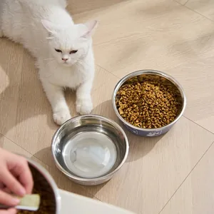 Grote roestvrijstalen voer- en drinkbakken voor huisdieren met kat op houten vloer