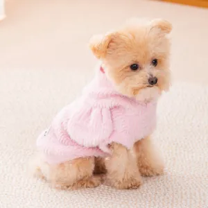 Soft pink fuzzy hooded dog sweater for small pets in autumn and winter