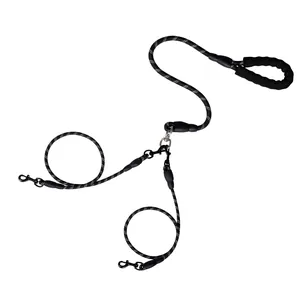High-visibility reflective nylon double dog leash with a soft foam handle for two dogs