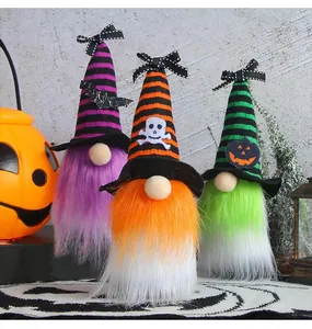 Three Halloween gnomes with striped wizard hats and plush beards for home decor.