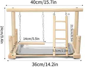 Wooden bird playground gym with swing and ladder, detailed size specifications in inches