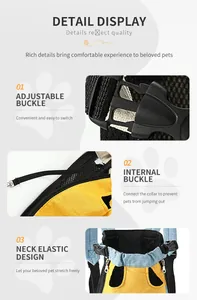 Detalles de la mochila para mascotas con hebilla ajustable y diseño elástico en el cuello