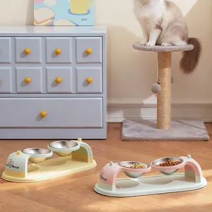Erhöhte Doppelnapf-Station aus Edelstahl für Katzen und Hunde, ergonomischer Nackenschutz.