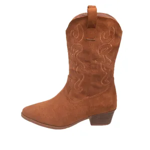 Elegant brown faux suede women's cowboy boot with decorative embroidery and chunky heel