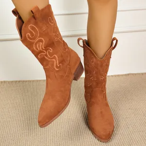 Close-up detail of women's vintage brown suede embroidered mid-calf Western cowboy boots
