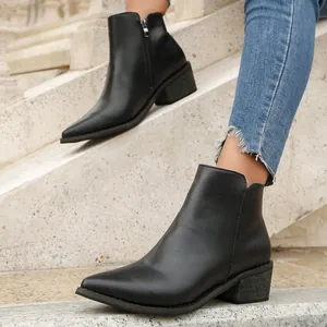 Stylish black pointed-toe ankle boots with low block heel and side zipper detail.