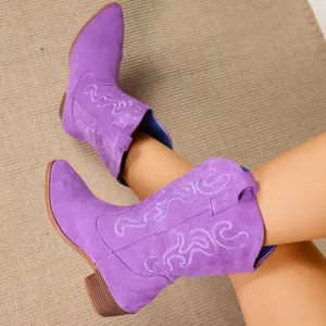 Detailed view of bright purple embroidered suede western cowboy boots with pointed toe