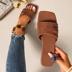 Premium stylish brown square-toe flat slides sandals for summer outdoor casual wear