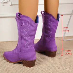 Detail of purple embroidered western boots showing 25cm shaft and 4.5cm heel height.