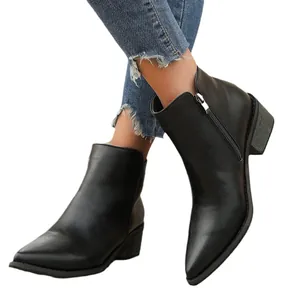 Stylish women's black pointed-toe ankle boots featuring side zipper and chunky block heel