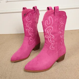 Detailed view of fuchsia western cowboy boots featuring intricate embroidery and pointed toe