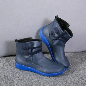 Stylish British style blue women's utility Martin boots with warm black plush lining.