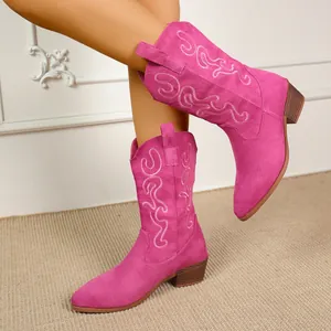 Detail view of vibrant pink embroidered Western boots with pointed toe and chunky heel