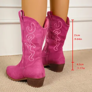 Detail view of fuchsia embroidered cowboy boots with 4.5cm heel height measurement
