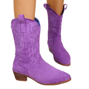 Vibrant purple embroidered Western cowboy boots with pointed toe and chunky heel