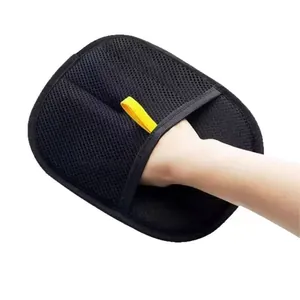 Double-sided pet hair removal glove with breathable mesh and yellow hanging loop