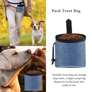 Collage de una bolsa azul portátil para premios de perro durante el entrenamiento al aire libre.