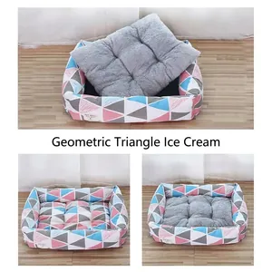 All-season thick breathable pet bed with geometric triangle pattern and soft plush cushion