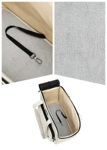 Detail of pet carrier showing interior safety leash and soft plush lining texture.