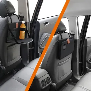 Foldable car back seat organizer tray showing open and closed states