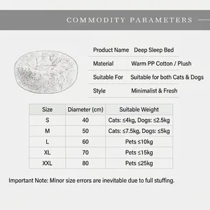 Tableau des tailles et spécifications du lit rond en peluche pour animaux