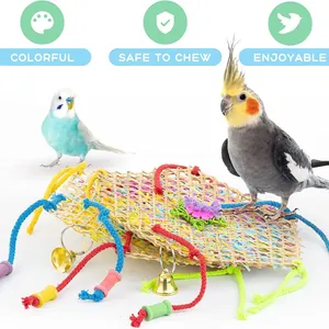 Colorful parrot foraging wall toy with seagrass mat, bells, and bird safe paper shreds.
