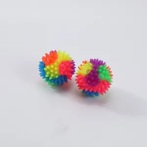 Nahaufnahme von zwei bunten Regenbogen-Gummibällen für das Hundetraining und interaktives Spiel