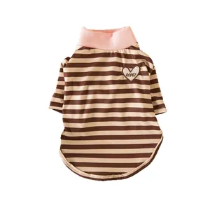 Striped pet dog t-shirt with heart patch and pink turtleneck for spring and autumn