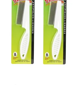 Close-up view of stainless steel flea combs in green and white retail packaging for pets