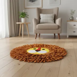 Lion head dog snuffle mat placed on wooden floor for pet nosework training sessions.