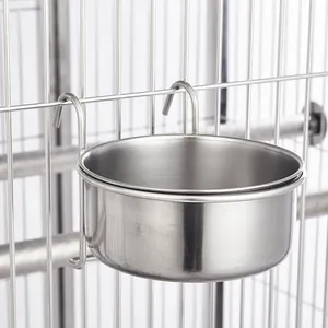 Durable stainless steel hanging feeder bowl for pet cages, crates and wire enclosures
