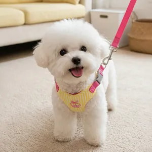 Adjustable yellow striped dog vest harness and pink leash set for small pets and dogs