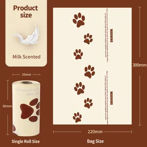 Detailed size specifications for milk-scented dog waste bags and single roll dimensions