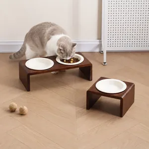 Gamelle Chat en Céramique Surélevée avec Support en Bois d'Acacia Motif Patte de Chat en Relief pour Petits Chiens Chats