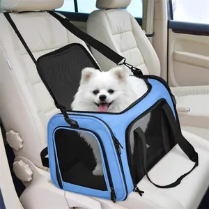 Blue breathable portable pet carrier bag for small dogs and cats on car seat detail view