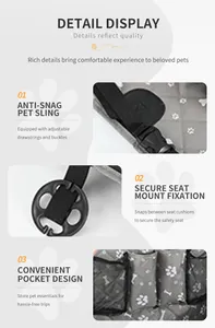Detail showing anti-snag sling, secure seat mount fixation, and storage pockets of pet car bag.