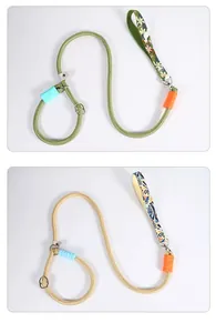 Detailed view of durable nylon slip lead dog leashes in olive green and beige.