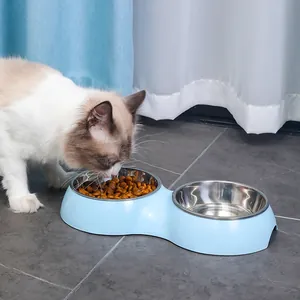 Premium light blue double pet bowl with stainless steel inserts for cats and dogs