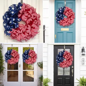 Independence Day wreath detail showing red white blue mesh design on various home doors.