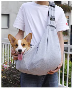 Grey breathable cotton pet sling carrier bag with comfortable wide shoulder strap