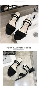 Detalle de sandalias negras de doble tira con tacón bajo de bloque y textura suave