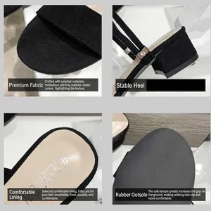 Sandalias negras minimalistas con tacón de bloque bajo, correa de dos vías y suela de goma
