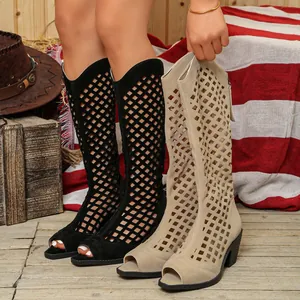 Vintage cutout knee-high boots with peep toe and chunky mid-heel in black and beige.